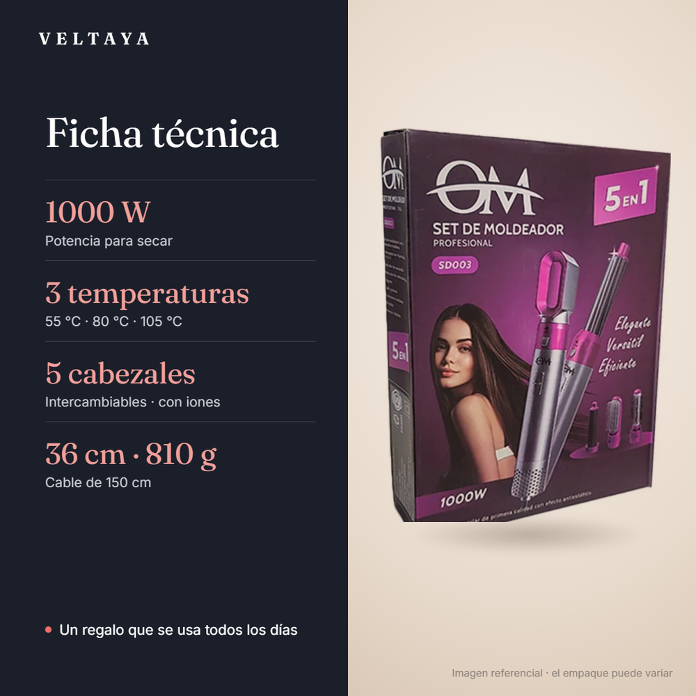 Ficha técnica: 1000 W, 3 temperaturas, 5 cabezales, 36 cm