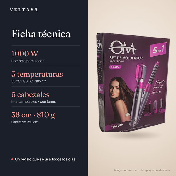 Ficha técnica: 1000 W, 3 temperaturas, 5 cabezales, 36 cm